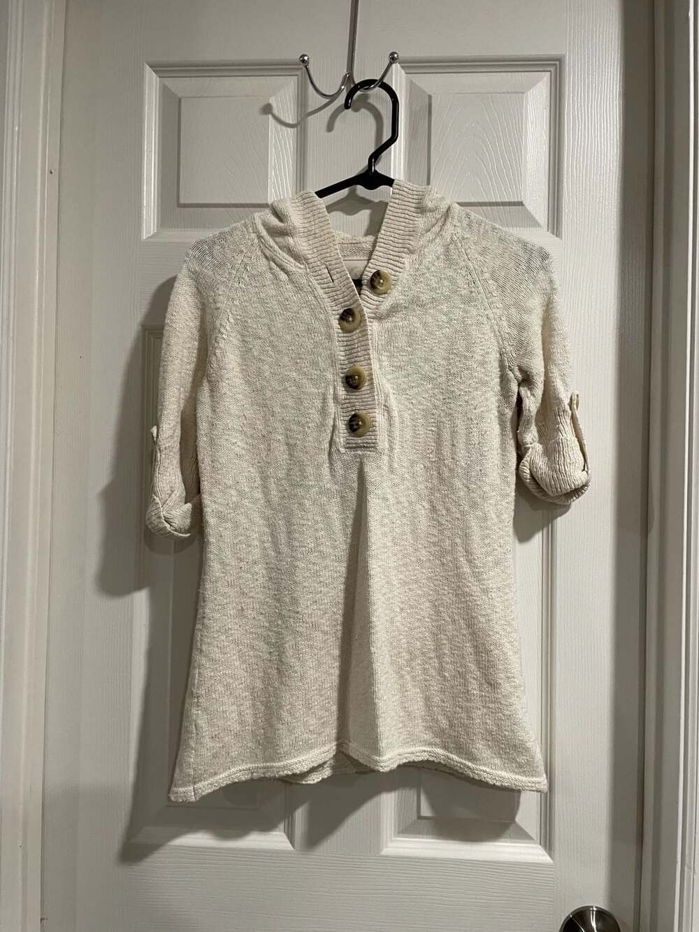 Merona Women's Cream White Knit Hooded Pullover Sweater Size XS Button Placket